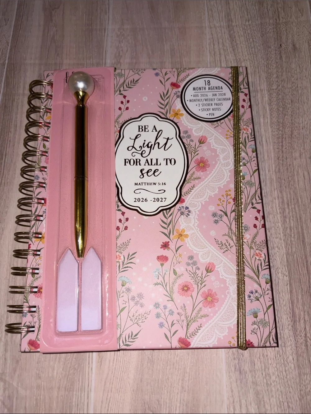 Be A Light Floral 18-Month Agenda with Gold Pen - Pink